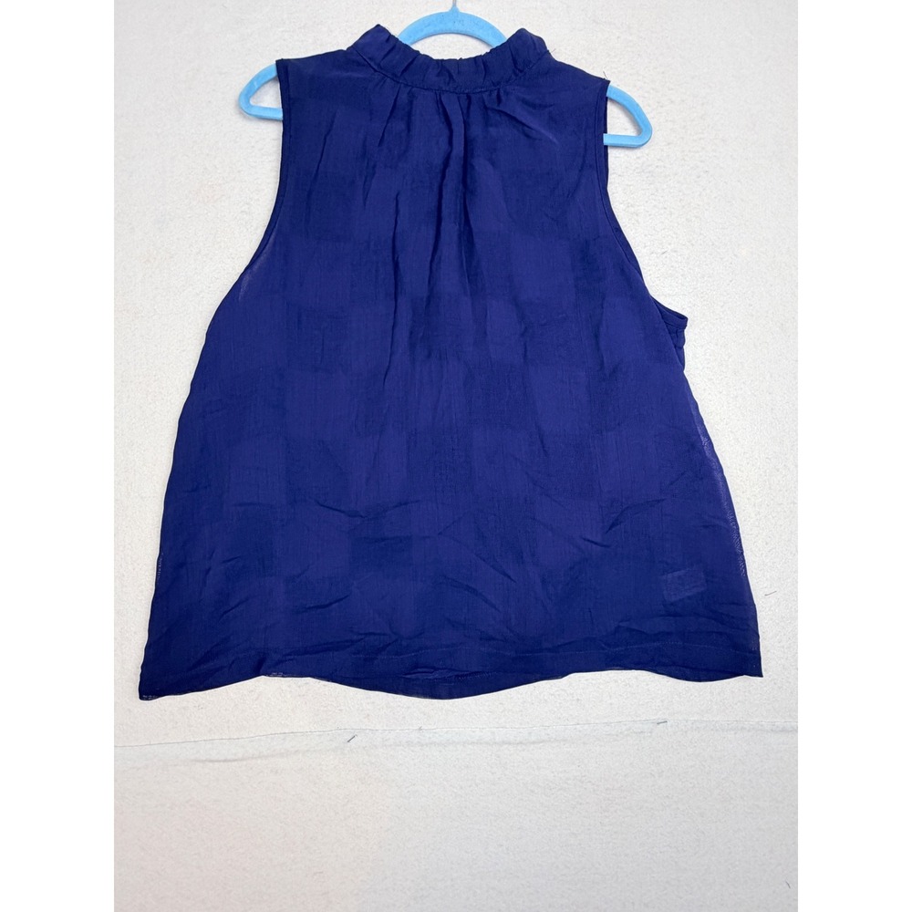 Royal Blue High Ruffle Neck Sleeveless Blouse 2X Checkerboard Keyhole Back